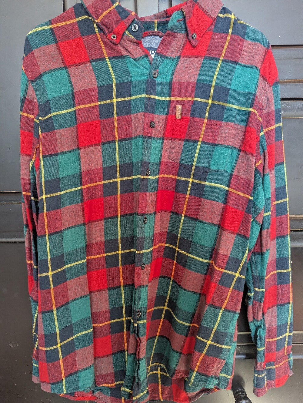 Men's Chaps Red, Green & Yellow Plaid Button-Down Brushed Flanmel Shirt Sz L